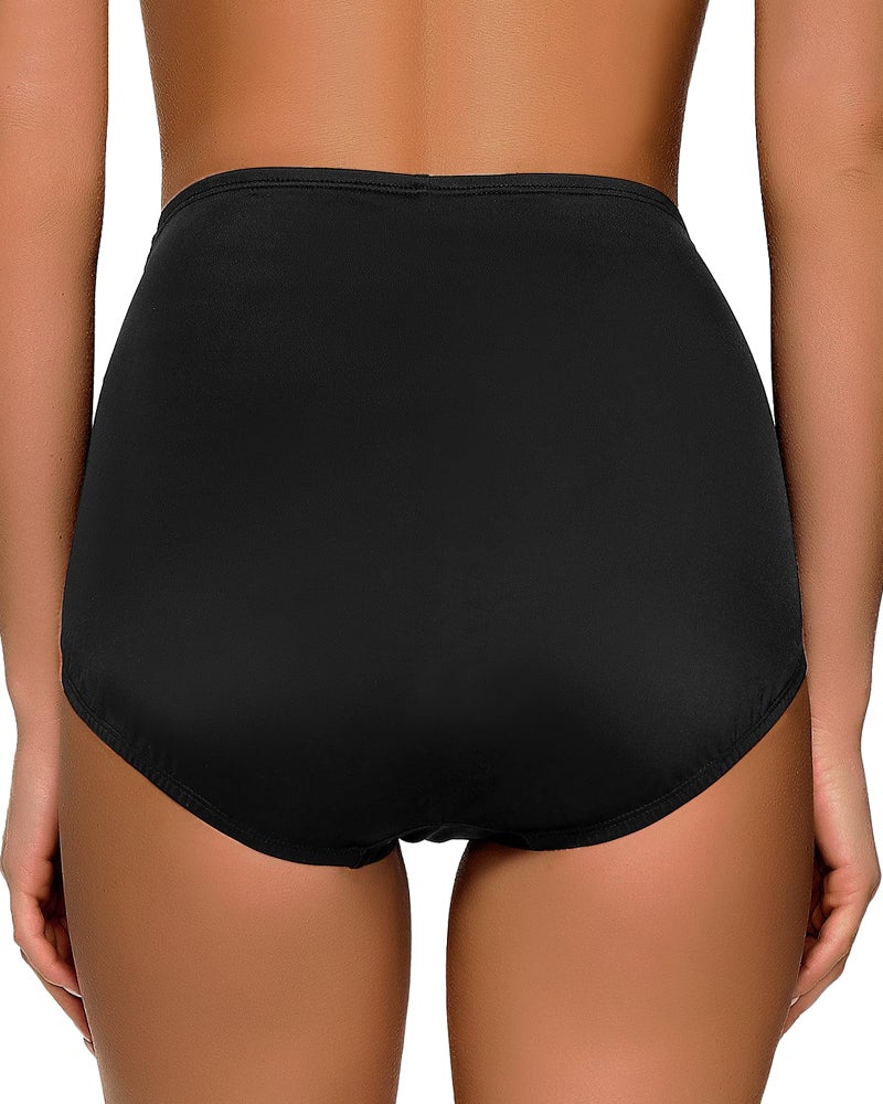 GRAPENT Women's High Waisted Swim Bottom Ruched Bikini Tankini Swimsuit Briefs Size S, Solid Black - Image 3